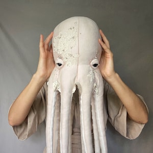 Albino octopus stuffed animal toy, room decor aesthetic minimalist, ocean nursery decor, nautical apartment decor, handmade gift for her