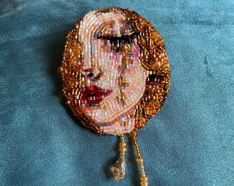 Beaded brooch / handmade embroidered portrait / cute accessories / unique jewelry, gift for her