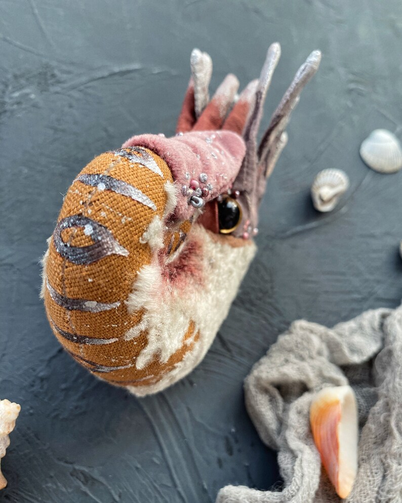 Plush toy nautilus, vintage home decor, handmade unique gift for her, Christmas gift, cute miniature stuffed animal, OOAK doll image 5