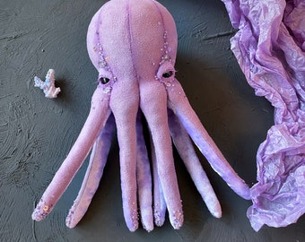 Textile art toy octopus in lilac colour. sea creature home decor. stuffed plushie fish. Handmade gift for her. ocean themed nursery