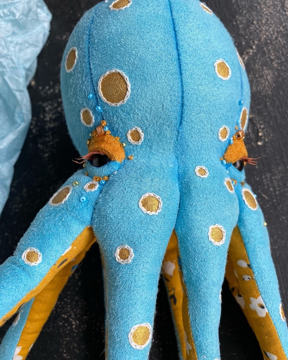 Octopus art toy in blue-yellow colours. Ukrainian gift. Textile interior decor