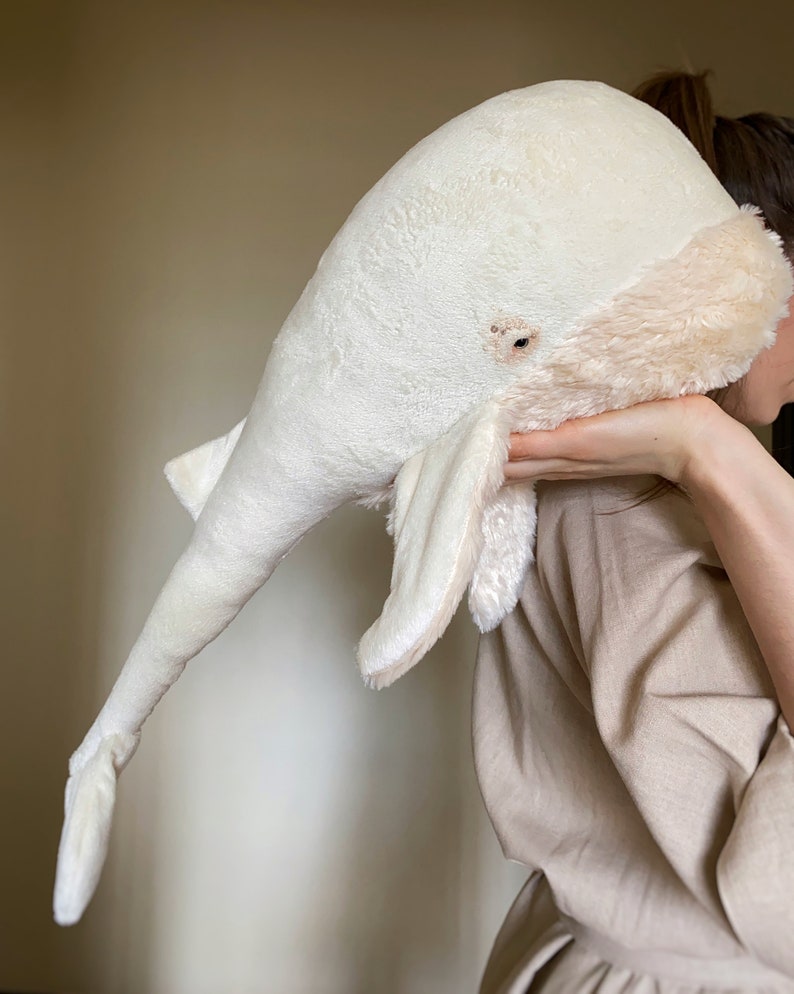 Puede incluir: Un juguete de peluche de ballena blanca con la barriga rosa. La ballena est&aacute; siendo sostenida por una persona.