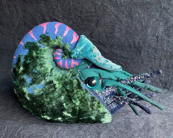 Vintage plush toy nautilus in emerald blue colours. Textile unusual sculpture. Gift for her