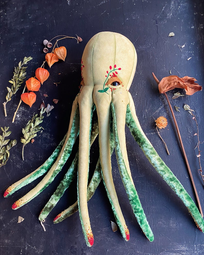 Octopus handmade toy / textile decor with floral embroidery / handmade stuffed toy image 4