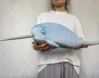 Narwhal stuffed animal toy. Handmade sea themed decor. ocean nursery decor. Blue whale plush fish. 4 year old girl gift.