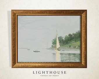 Vintage Sailboat Waterscape Print | Sailboat on Lake Art | PRINTABLE Digital Art 1235