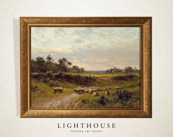 Landscape Meadow Painting | Sheep Oil Painting | Countryside Sheep Art | PRINTABLE Digital Art 560