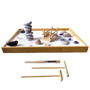 Japanese Zen Garden Kit: Bamboo Tray, Stones, Sand, Rakes