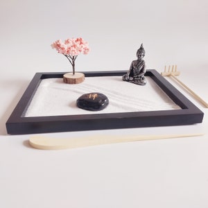 Japanese Zen Garden: Buddha Statue, Cherry Tree, Meditation Tray