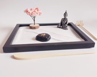 Classic Japanese Zen Garden Black Tray with Buddha Statue, Tree and Moss,  for Meditation and Relaxation