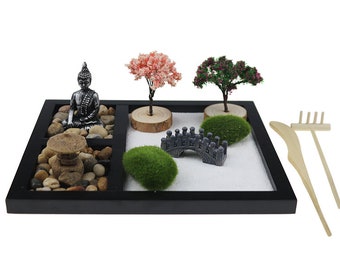 Classic Japanese Zen Garden / Black Tray with Trees, Buddha Statue, Mosses / 21.5x17.5CM Tray / for Meditation and Relaxation