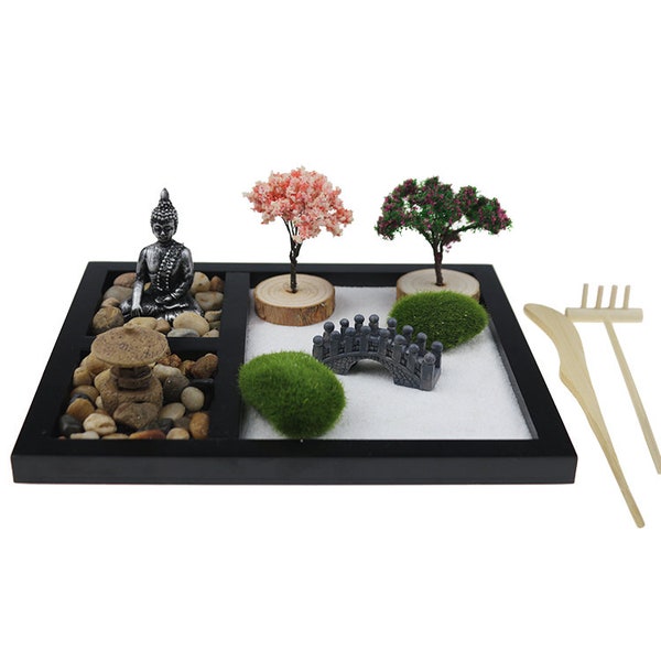 Classic Japanese Zen Garden / Black Tray with Trees, Buddha Statue, Mosses / 21.5x17.5CM Tray / for Meditation and Relaxation