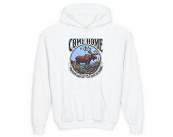 Youth Come Home Parsons Pond & Three Mile Rock Moose Hoodie | Youth sweatshirt, wilderness nature design