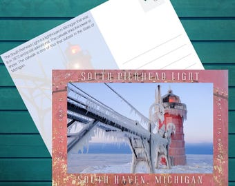 May include: A postcard featuring a photograph of the South Pierhead Light lighthouse in South Haven, Michigan. The lighthouse is covered in ice and snow. The text on the postcard reads "South Pierhead Light" and "South Haven, Michigan".
