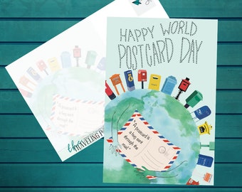 May include: A postcard and envelope set with the text "Happy World Postcard Day." The postcard features a globe with arms holding a postcard, surrounded by colorful mailboxes. The postcard reads "A postcard is a hug sent through the mail."