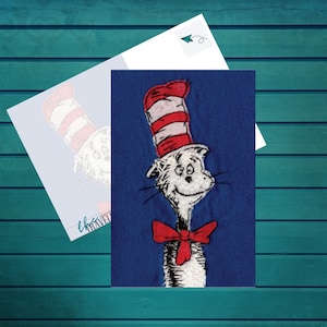 Carte postale fantaisiste avec un chapeau - Papeterie inspirée du Dr Seuss pour les amoureux des chats
