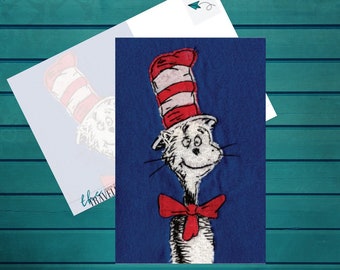 May include: A red and white striped hat with a red bow tie on a white cat with black whiskers. The cat is on a blue background.
