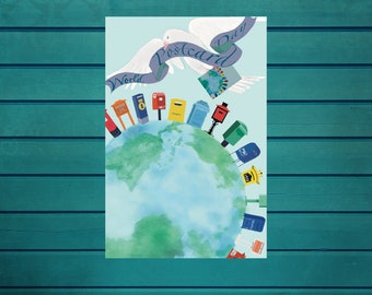 May include: A white dove carrying a postcard with the text "World Postcard Day" flies over a globe surrounded by colorful mailboxes.