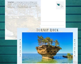 May include: A postcard featuring a photograph of Turnip Rock, a geological formation in Lake Huron, Michigan. The postcard includes the coordinates 44°04′06.04″N 82°57′32.69″W and the text "Turnip Rock" and "Pointe Aux Barques, Michigan".