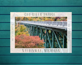 May include: A vintage postcard featuring a photo of the Cut River Bridge in Naubinway, Michigan. The bridge is a steel truss bridge with a green painted structure. The photo was taken in the fall, and the trees surrounding the bridge are showing fall colors.