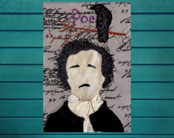 May include: A black and white embroidered portrait of Edgar Allan Poe with the word "Poe" stitched in purple above him. A black crow is perched on a branch above Poe's head.