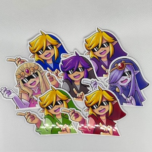 May include: A collection of cartoon stickers featuring characters with blonde, purple, and green hair, wearing sunglasses and various outfits. The stickers have a white border and are arranged on a white surface.
