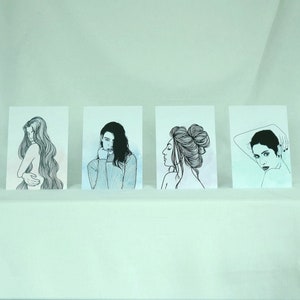 Postkarten Set - Fine Line Art Prints, Illustration Frau, Bild Model, DIN A6, 105 x 148 mm, 300 g, 4 Stück