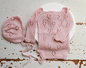 Knitted romper & bonnet,Newborn Photography Prop Set,Newborn photography outfit,Newborn girl photoshoot outfit,Pregnancy gift,Newborn props
