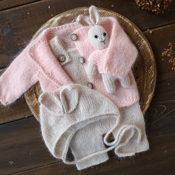 Newborn knitted Set-Romper,Bonnet,Bunny Toy,Jacket,Newborn photography outfit,Сable knit romper,Pregnancy gift,newborn props,newbor gift