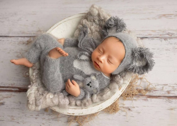Knitted Koala Romper Bonnet and Toy newborn Photography Prop Set newborn Photography Outfit newborn Photoshoot Outfit newborn Koala Outfit Etsy