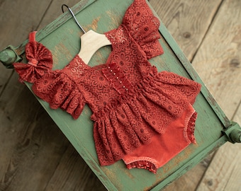 Newborn Romper girl made of velvet fabric with lace and headband,Newborn Outfit,Newborn Photography Props,Newborn Photo Props,Pregnancy gift