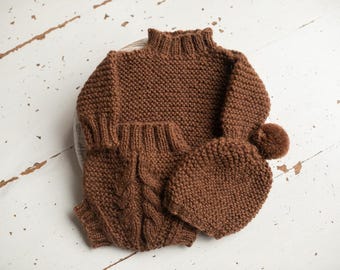 Knitted Chunky Sweater Bloomers & Hat with Pom Pom,Knitted set for newborn boy,Newborn Knited set,Newborn photo props,Coming Home Outfit