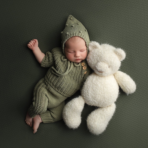 Conjunto de punto para recién nacido, mono de punto para recién nacido, gorro para recién nacido, conjunto para recién nacido, fotografía de recién nacido, regalo de embarazo, accesorios de punto para fotos de recién nacidos.