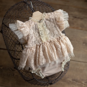 Beige romper newborn girl elegant lace trim,Newborn Girl Outfit,Newborn Photography Prop,Newborn Photo Prop,Newborn baby gift,Pregnancy gift