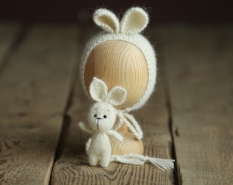 Newborn Knit Bunny Outfit with Toy, Newborn Bunny Hat, Newborn Photography Props Set,Newborn Bunny Outfit,Newborn Photo Props,Knitted Outfit