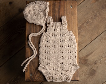 Knitted romper & bonnet,Newborn Photography Prop Set,Newborn photography outfit,Newborn girl photoshoot outfit,Pregnancy gift,Newborn props