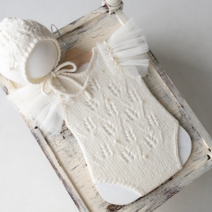 Gebreide romper en muts, set fotografie rekwisieten pasgeborenen, fotografie-outfit pasgeborene, fotoshoot outfit pasgeboren meisje, zwangerschapscadeau