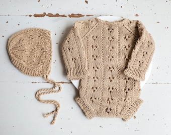 Knitted romper and bonnet,Newborn knitted Set,Newborn photography outfit,Сable knit romper,Pregnancy gift,newborn knit outfit,newborn props
