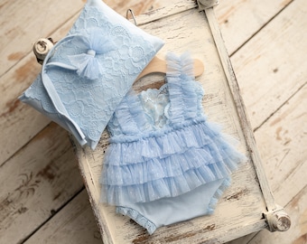 Blue newborn romper for girl with elegant lace trim, headband and newborn pillow prop,Newborn Girl Romper,Newborn Outfit,Newborn Photography