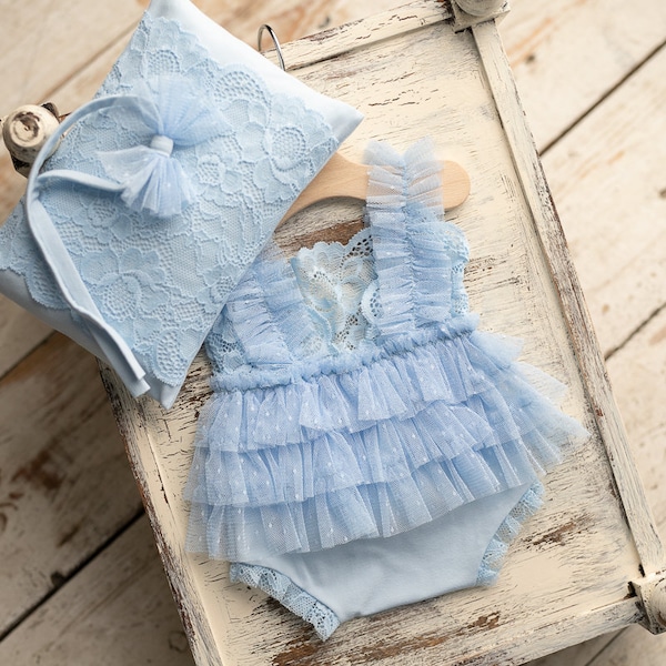 Blue newborn romper for girl with elegant lace trim, headband and newborn pillow prop,Newborn Girl Romper,Newborn Outfit,Newborn Photography