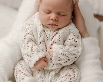 Knitted romper & bonnet,Newborn photography outfit,Cotton Baby Outfit, Gender Neutral Newborn Photography Prop