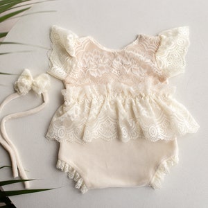 Cream Newborn girl romper  with elegant lace trim & headband,Newborn Outfit,Pregnancy gift,,Newborn Photography Props,Newborn Photo Props