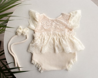 Cream Newborn girl romper  with elegant lace trim & headband,Newborn Outfit,Pregnancy gift,,Newborn Photography Props,Newborn Photo Props