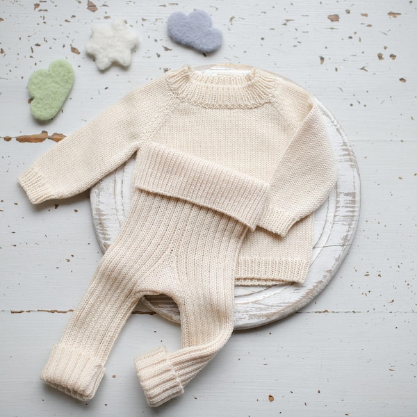 Conjunto de punto de merino para recién nacidos, conjunto de suéter y pantalón para recién nacidos, conjunto neutro para bebé, conjunto para recién nacidos, regalo de embarazo, accesorios de fotos tejidos para recién nacidos.