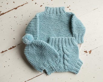 Newborn Knited set,Newborn Coming Home Outfit Knitted Baby Chunky Sweater,Bloomers and Hat with Pom Pom,Newborn romper