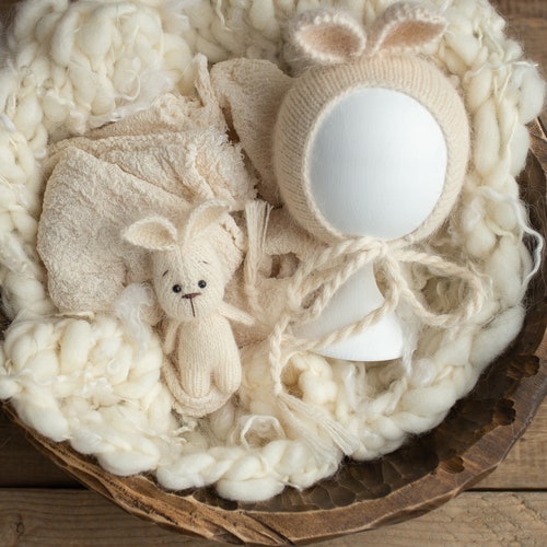 Newborn Photo props set,Posing blanket,Newborn Wrap,Knitted Bunny Hat, Knit Bunny Toy,Newborn Photography,Photo Prop,Newborn photo shops prop