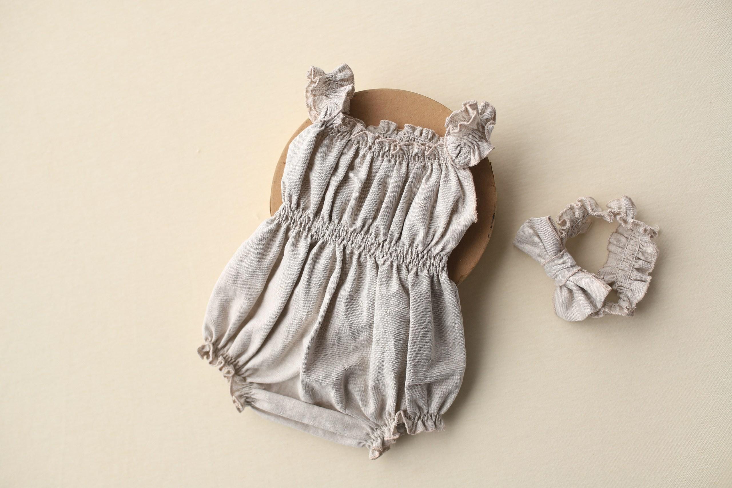 Newborn girl linen Romper,bonnet & headbend,Newborn baby gift,Newborn Photography Prop,Baby shower gift,Christening dress,Coming Home Outfit