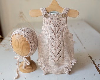 Knitted romper and bonnet,Newborn knitted Set,Newborn photography outfit,Сable knit romper,Pregnancy gift,newborn knit outfit,newborn props