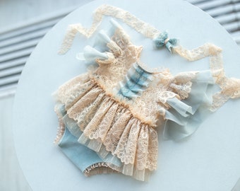 Newborn photo outfit girl,Newborn romper & Headband for newborn girls,Newborn Photography Props,Christening outfit,Baby shower gift