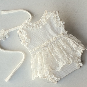 White lace romper for newborn girl photography outfit,Newborn Romper,Newborn Outfit,Newborn romper with Headband,Newborn Photography Prop